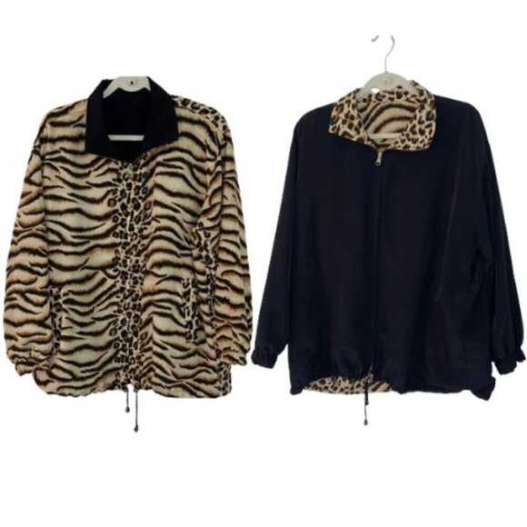Vintage Womens Tiger Print Reversible Bomber Jacket Sz Large Tan Black Zip Front - Picture 1 of 13